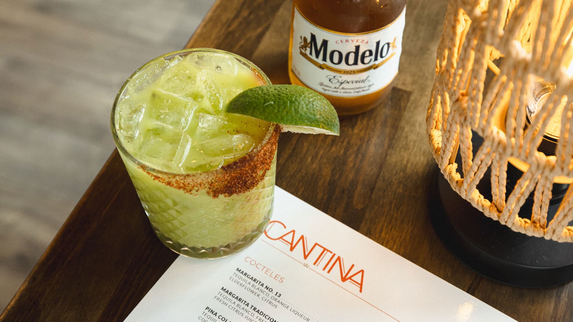 An avocado and jalapeño margarita on the Cantina bar